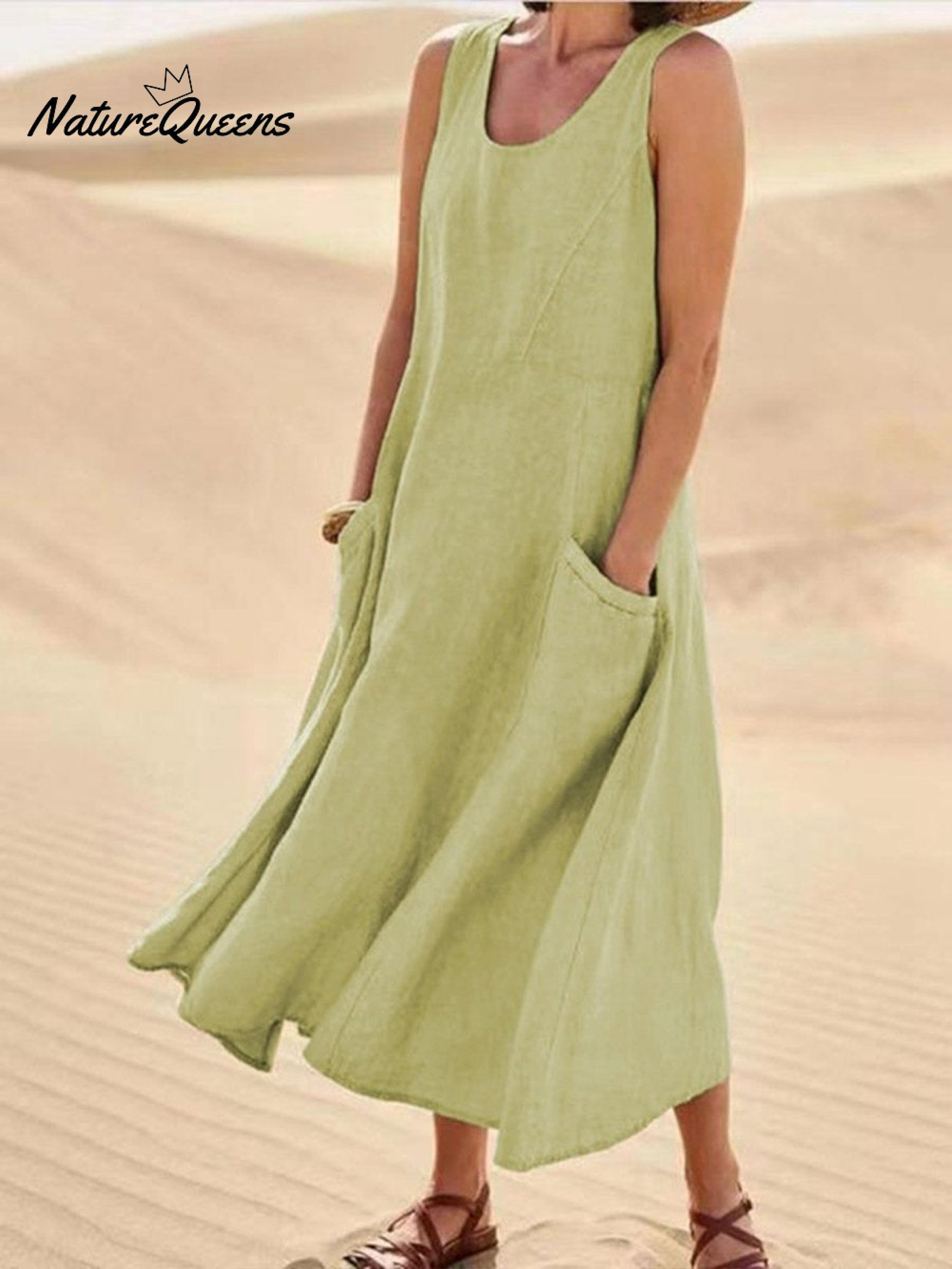 Women Sleeveless Sundress Elegant Round Neck Cotton Linen Solid Long Tank Casual Summer Dress
