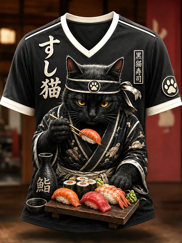 Men's Black Cat Eating Sushi Japanese Art Print T-Shirt