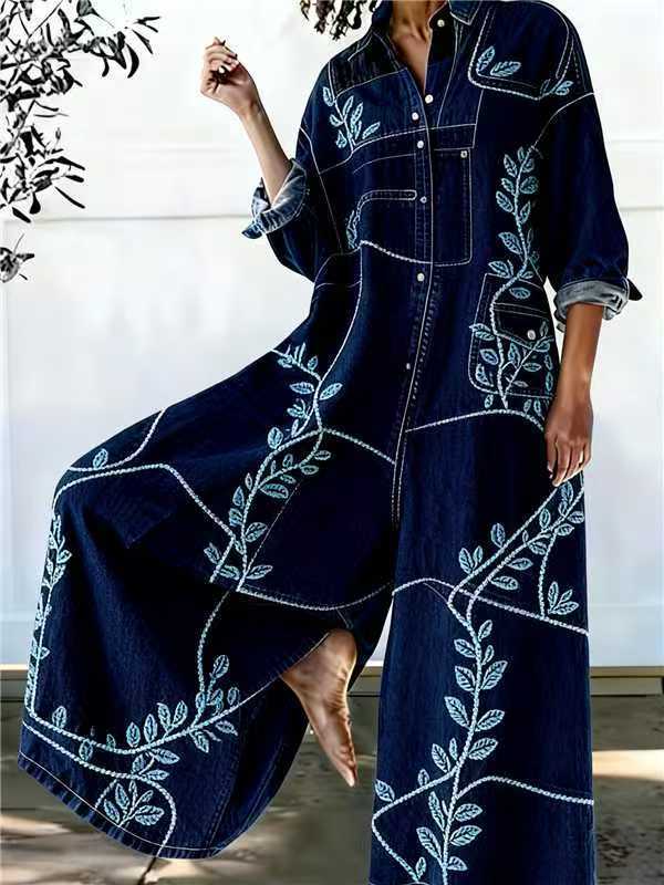 Retro Art Print Casual Wide Leg Jumpsuit