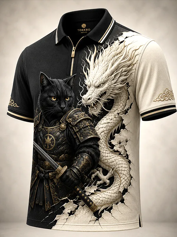 Men's Black Cat Warrior And White Dragon Japanese Art Print Half Zip Polo Shirt
