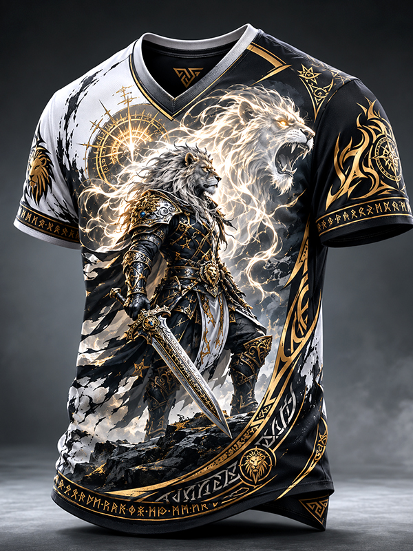 Men's Armored Warrior and Lion Spirit Print Casual V Neck T-Shirt