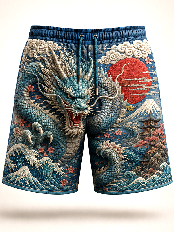 Men's Mysterious Dragons And Ocean Waves Natural Scenery Japanese Art Print Casual Shorts