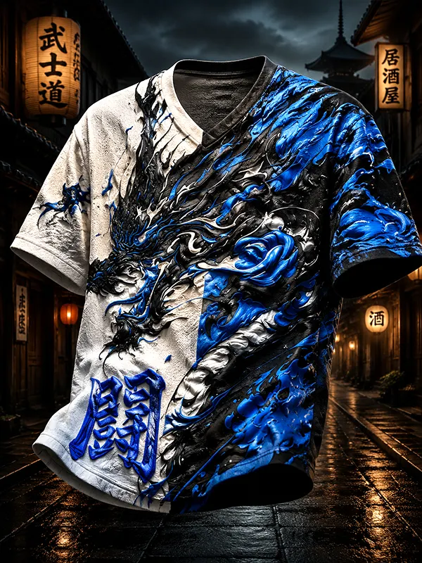 Men's Ink Dragon Oriental Print Casual V Neck T-Shirt