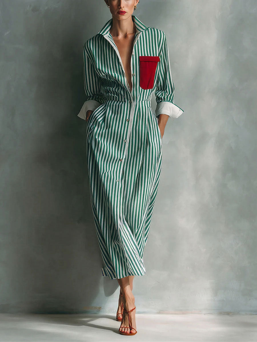 Women's Striped Cotton-linen Shirt-collar Long-sleeve Dress