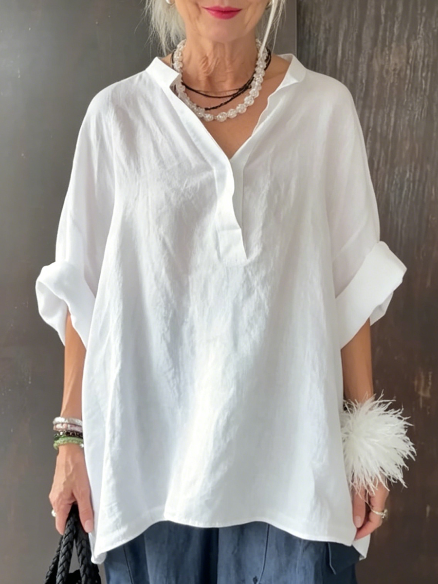Cozy Minimalist V-neck Cotton-linen Shirt