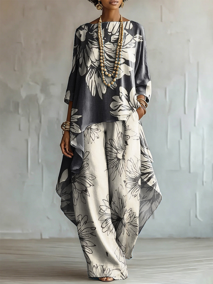 Elegant & Artistic Floral Line-art Two-piece Set