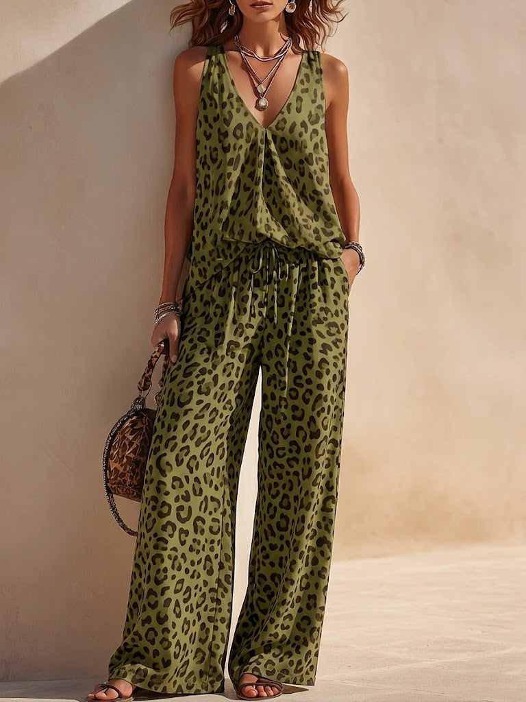 Cozy & Flowy Leopard Print Chiffon Sleeveless Top And Pants Two-piece Set