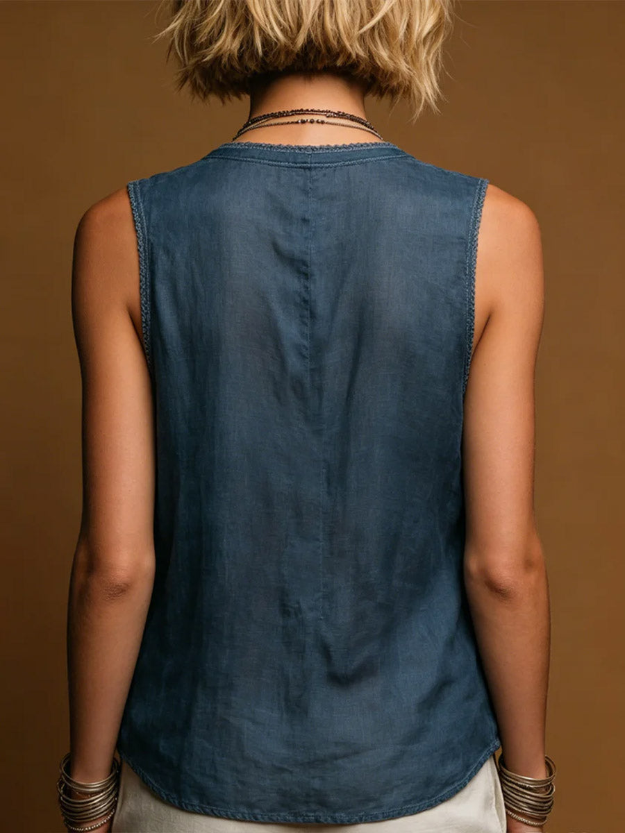 Women's V-neck Sleeveless Casual Loose Cotton-linen Top