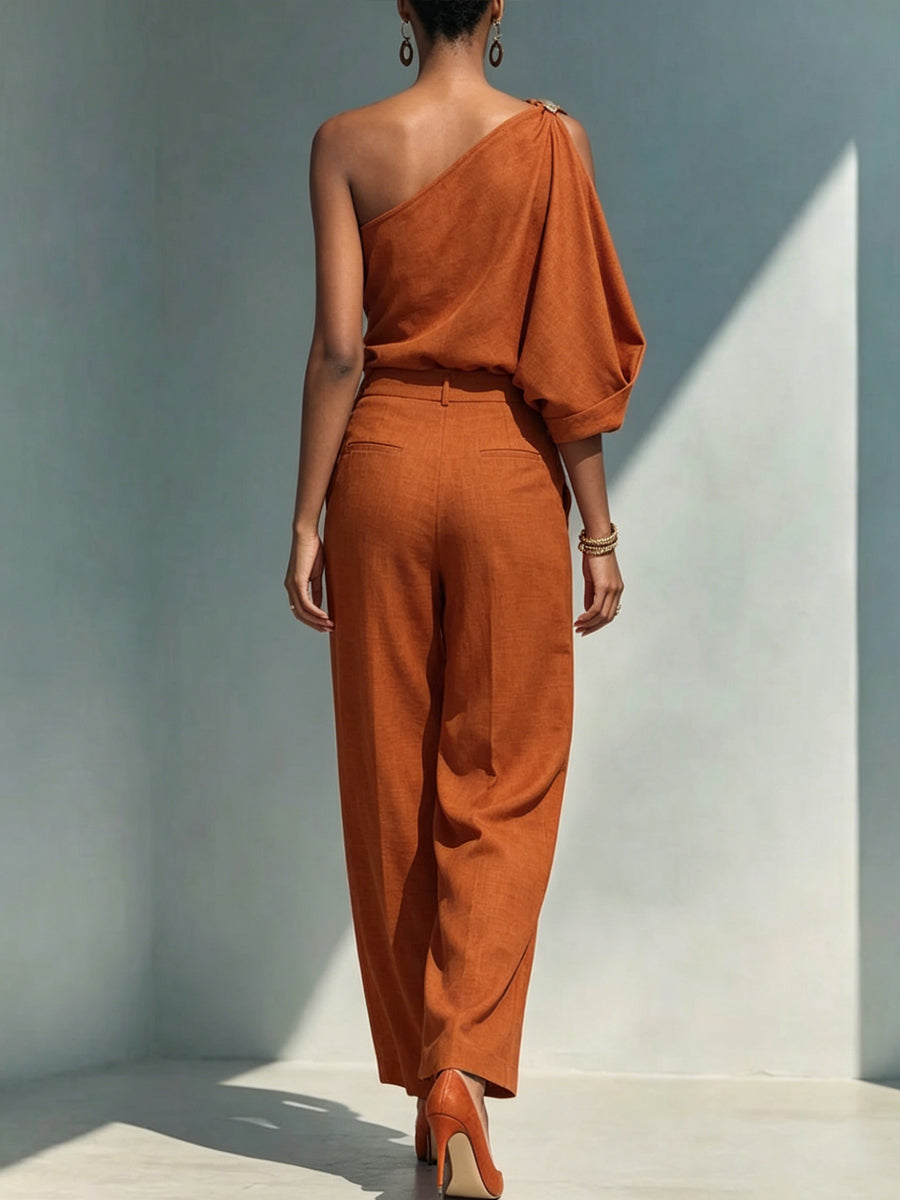 Women's Off-shoulder Irregular Cut Cotton And Linen Set