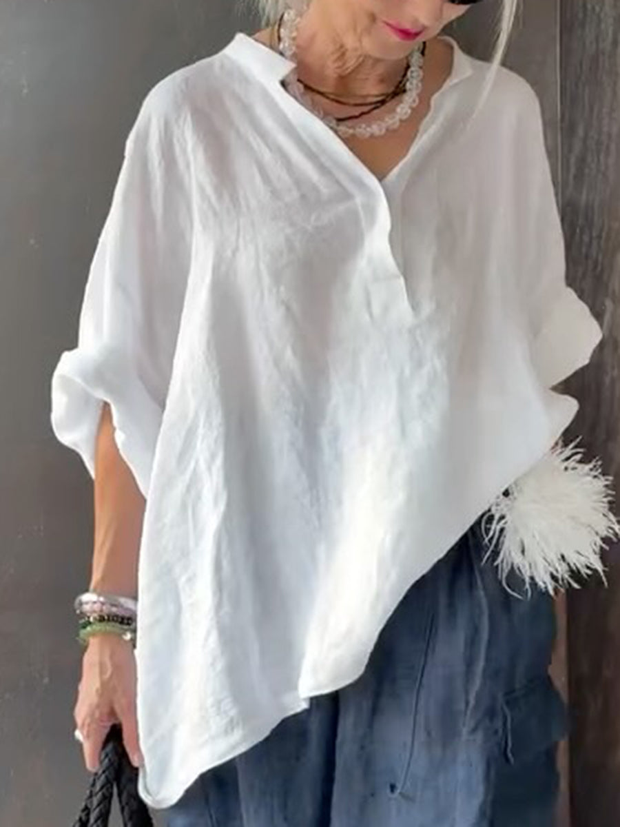 Cozy Minimalist V-neck Cotton-linen Shirt