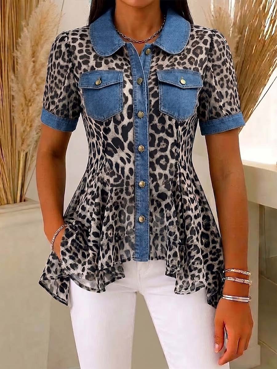 Women's Leopard Print Peter Pan Collar Short-sleeve Casual Loose Denim Cardigan With Chiffon Panels