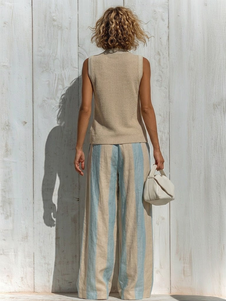 Casual And Cozy Two-piece Set: Knitted Cotton Top And Striped Linen-cotton Trousers