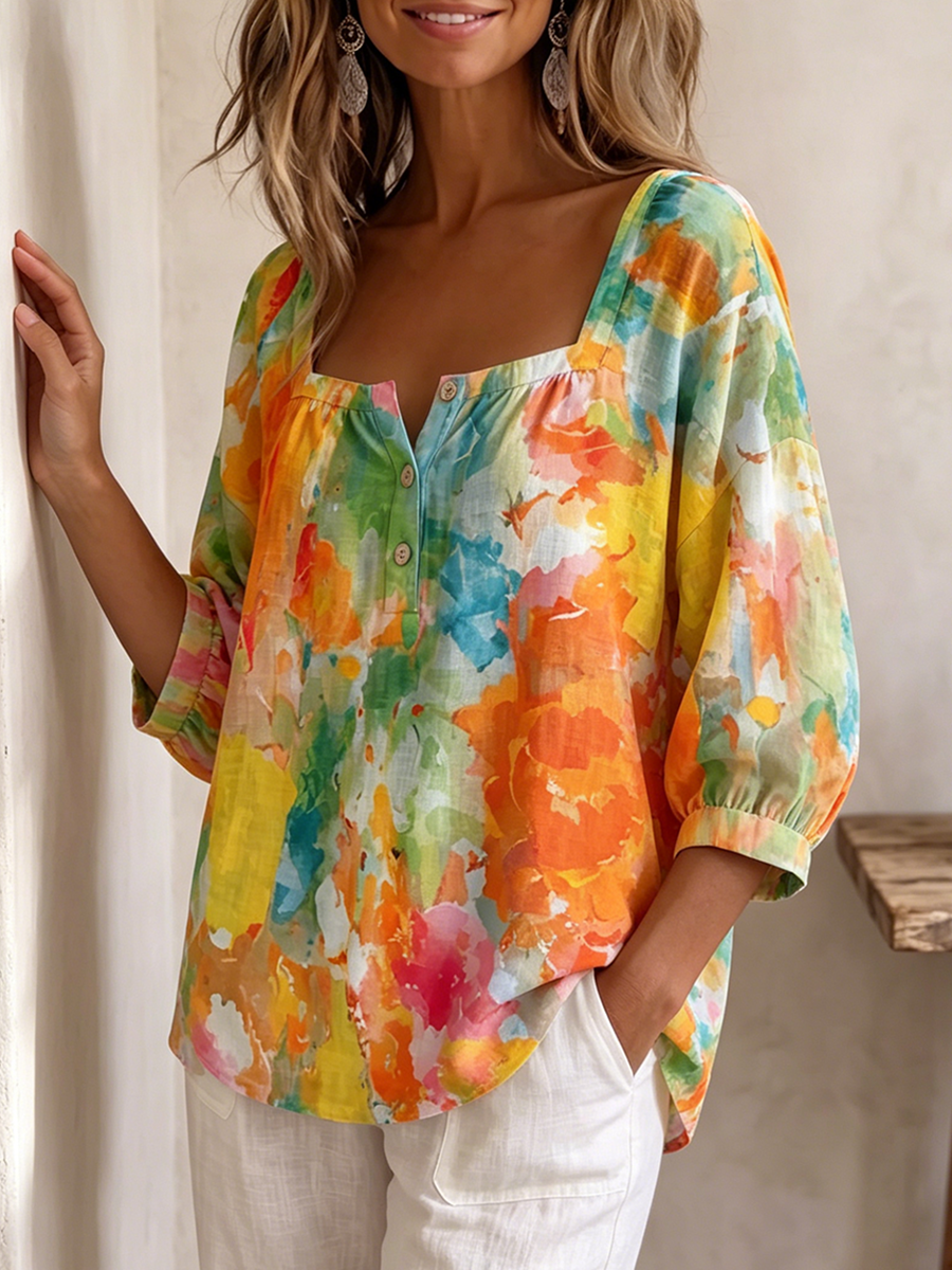 Summer Colorful Watercolor-print Cotton-linen Blouse
