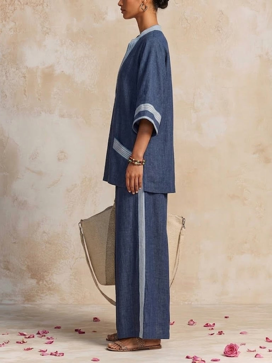 Women's Dark Blue Striped Patchwork Cotton-linen Casual Set