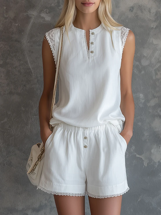 Lace-trimmed Sleeveless Top ＆ Shorts Casual Set