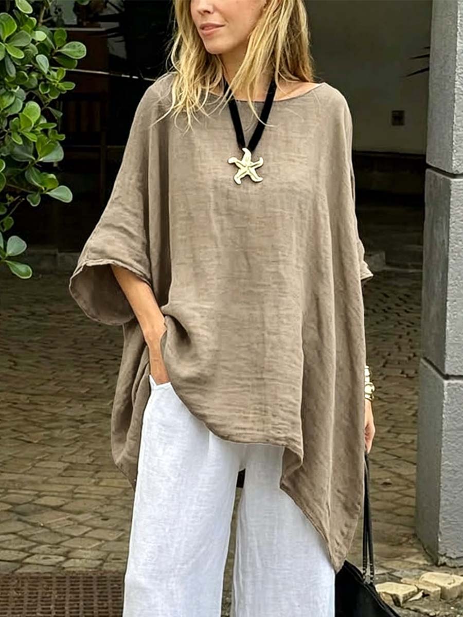 Women's Solid Color Art Casual 3/4 Sleeve Cotton Linen Shirt