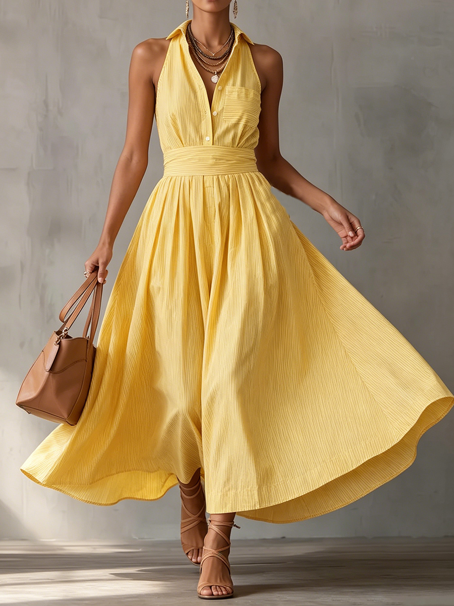 Sun-drenched Yellow Striped Maxi Dress - Cruise-ready Halter Neck Sundress
