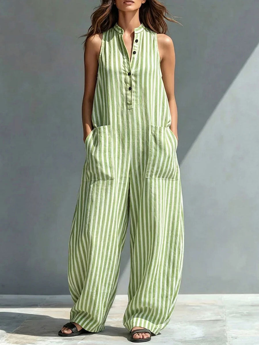 Women's Sleeveless Striped Henley Collar Wide-leg Jumpsuit