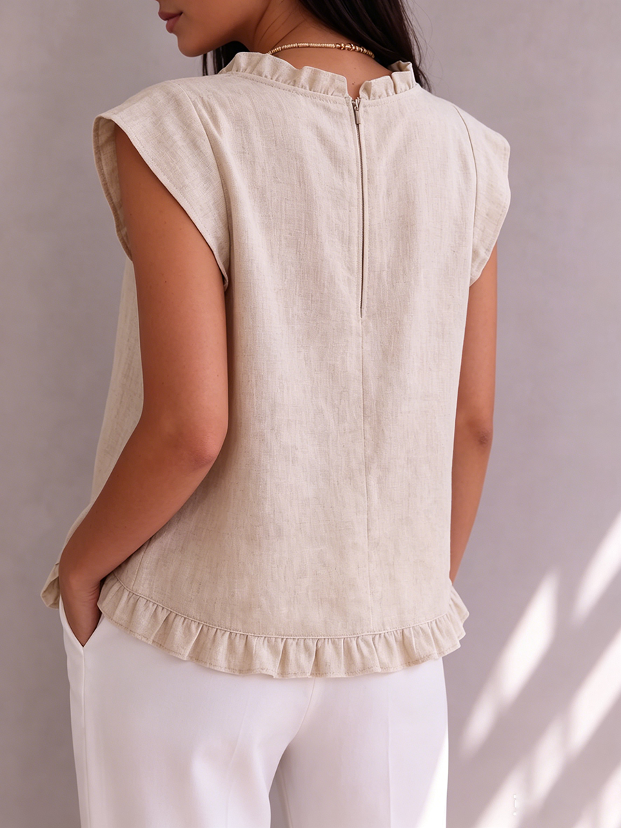 Ruffled Semi-stand Collar Cotton-linen Shirt Top