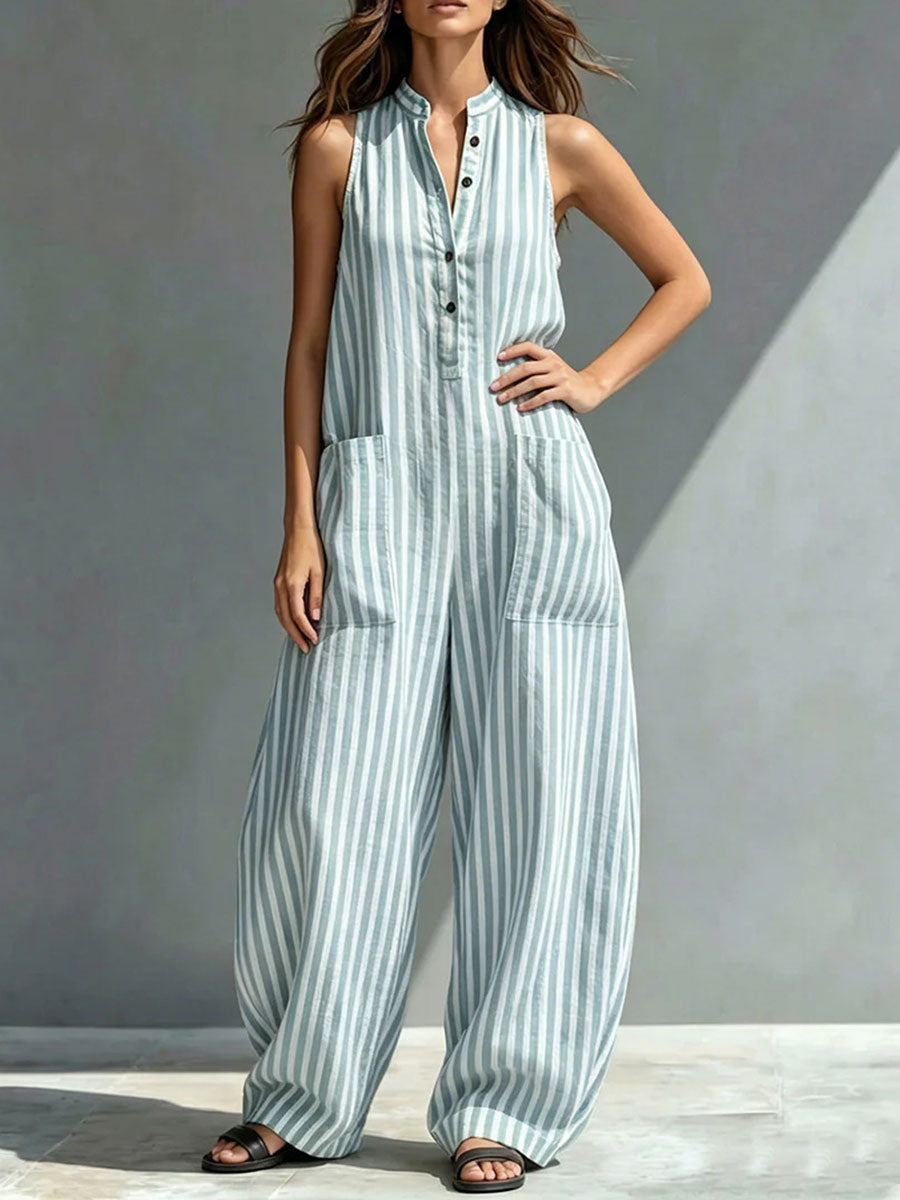 Women's Sleeveless Striped Henley Collar Wide-leg Jumpsuit