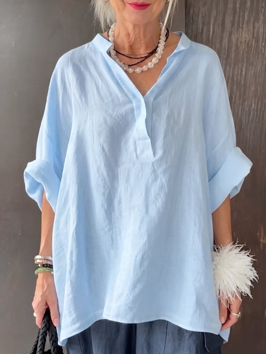 Cozy Minimalist V-neck Cotton-linen Shirt