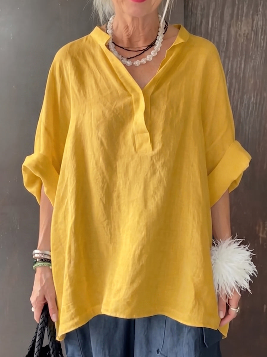 Cozy Minimalist V-neck Cotton-linen Shirt