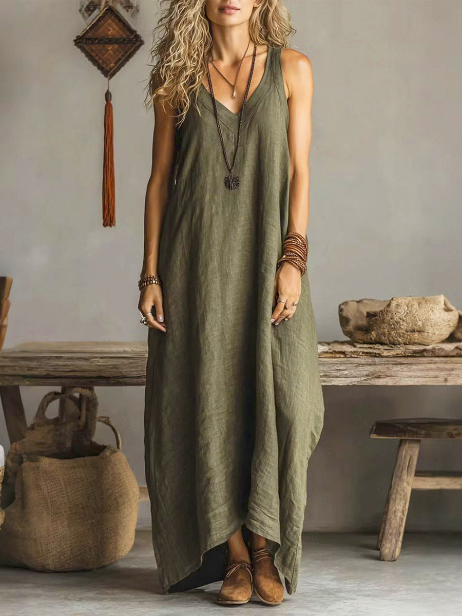 Women's Solid Color Art Casual Cotton Linen Dress