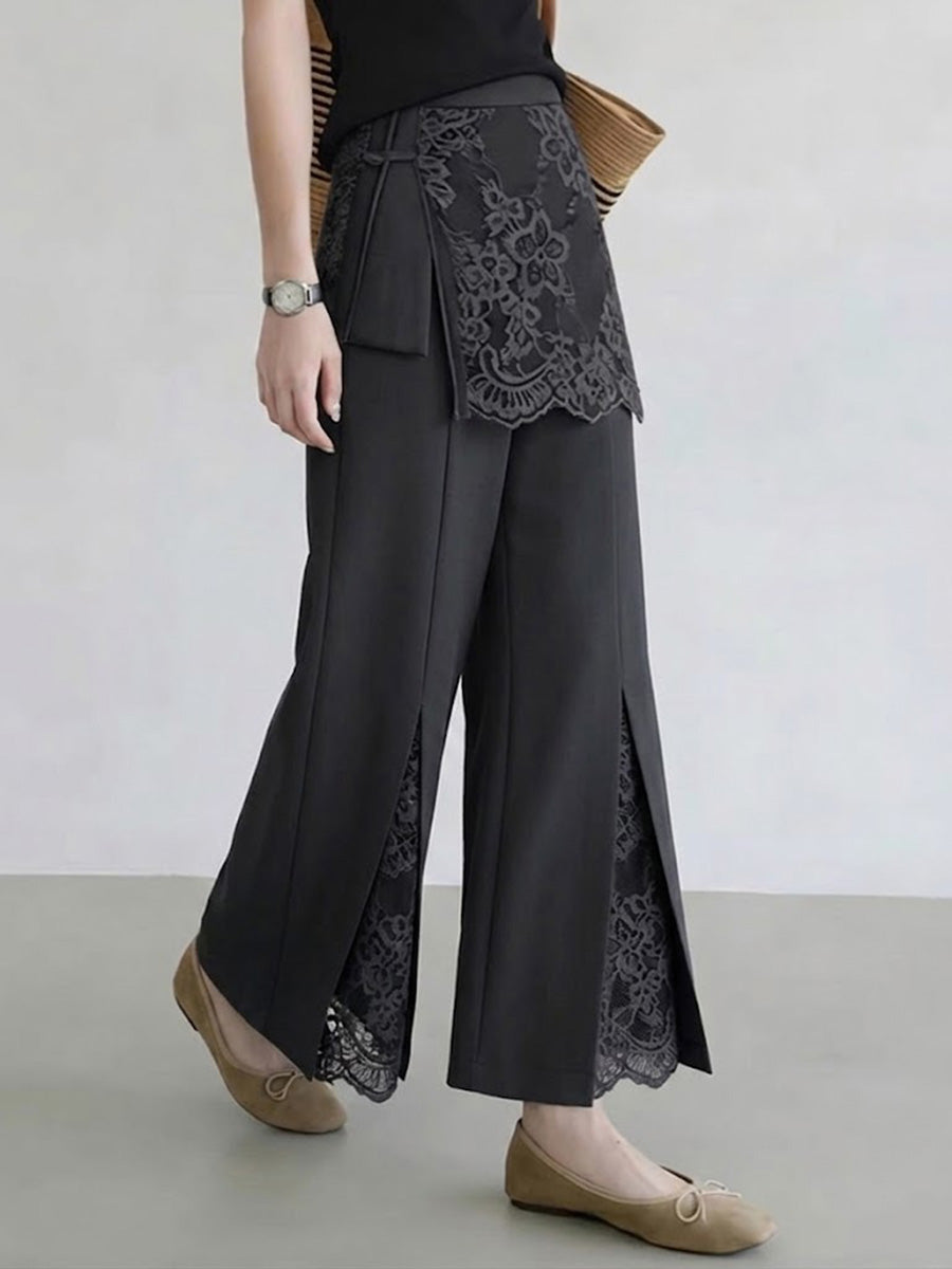 Women's Solid-color High-waisted Wide-leg Pants With Lace Splicing