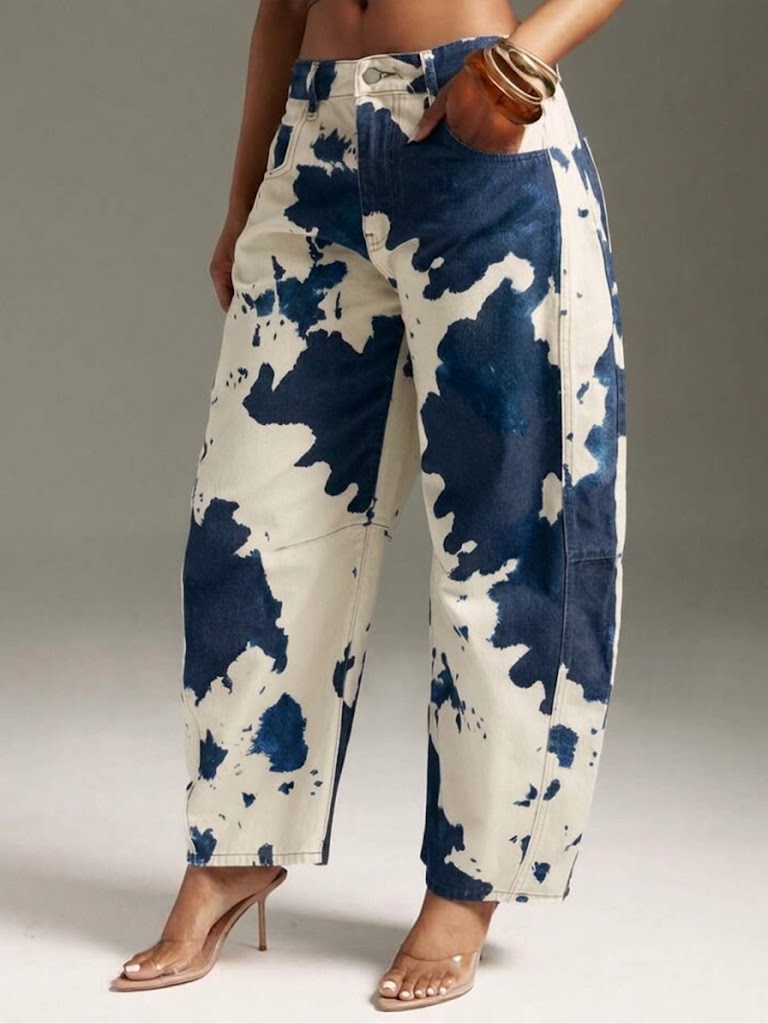 Casual Cow-print Cotton Jeans