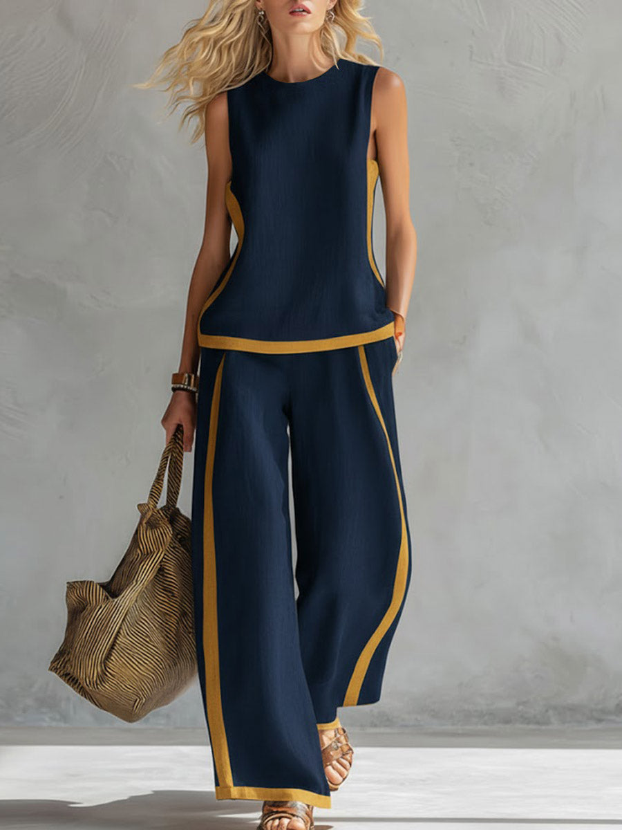 New Arrivals🔥 Women's Round Neck Sleeveless Casual Loose Top & Loose Wide-leg Pants Cotton and Linen Set
