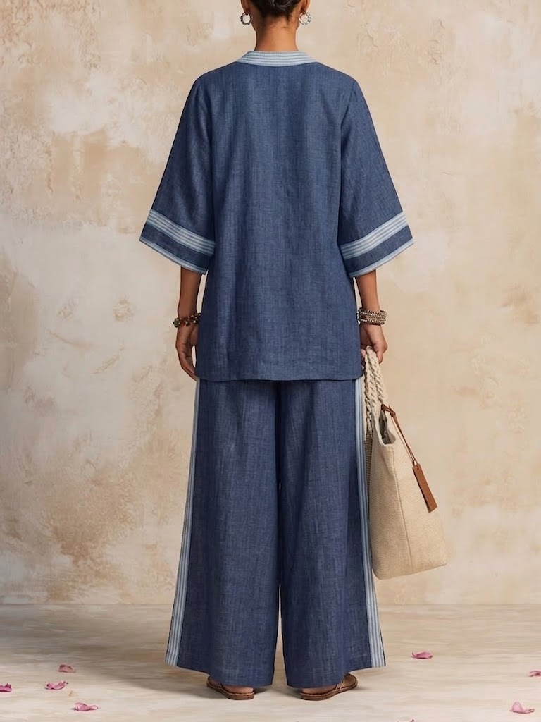 Women's Dark Blue Striped Patchwork Cotton-linen Casual Set