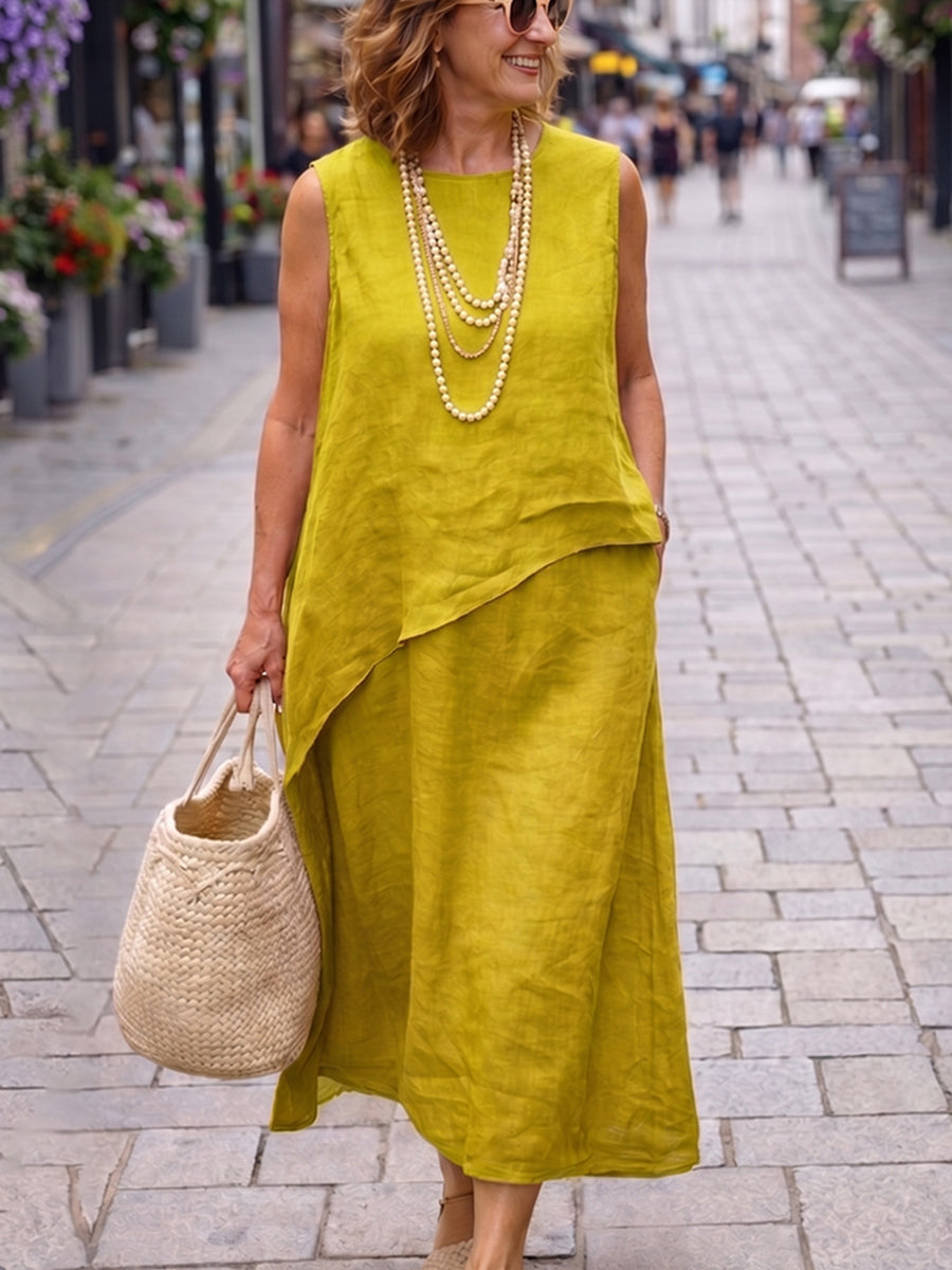 Minimalist & Elegant Faux Two-piece Cotton-linen Midi Dress