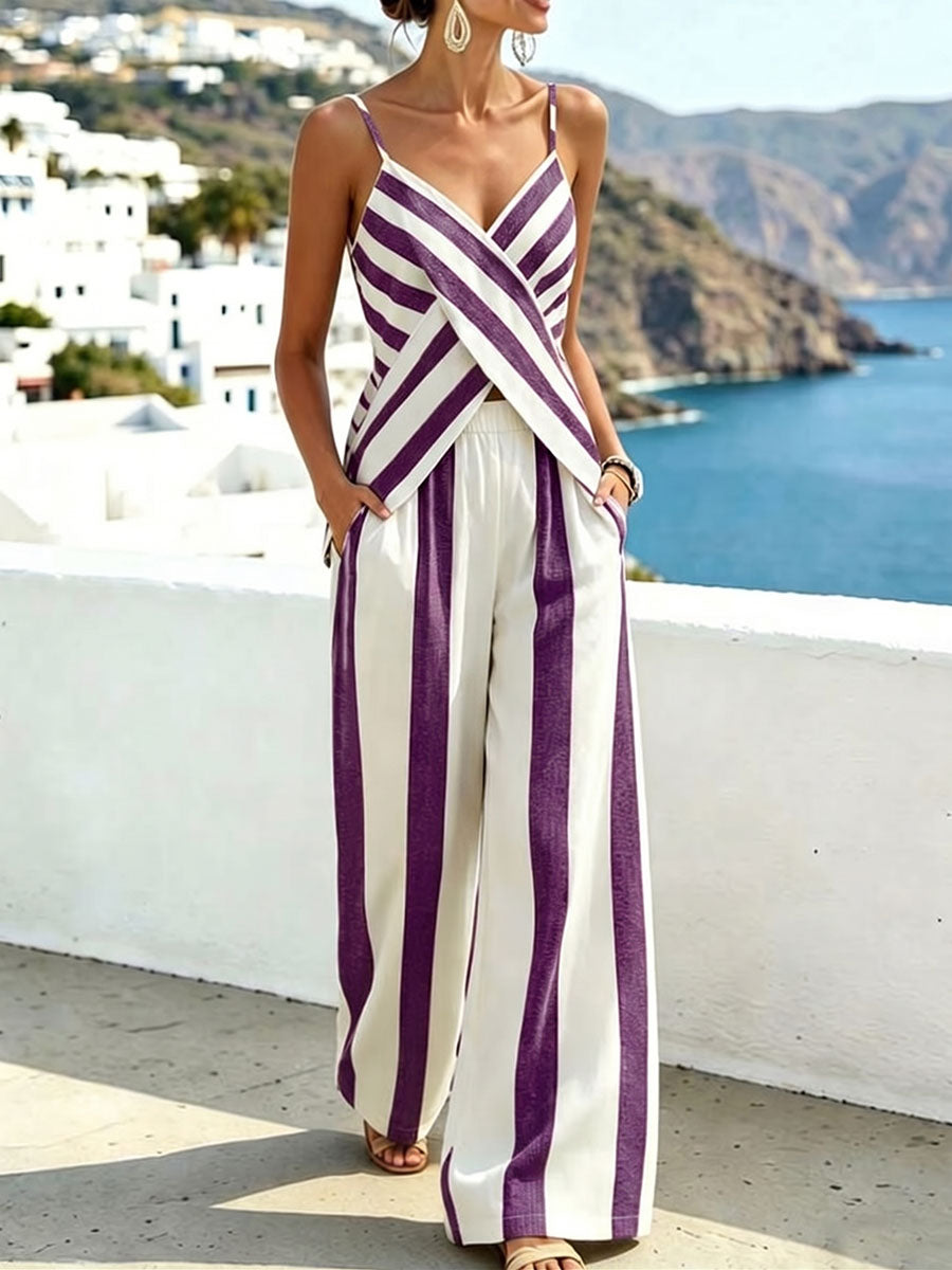 Women's Striped Print V-neck Sleeveless Loose-fit Cotton-linen Camisole Top & High-waisted Loose-fit Wide-leg Pants Set