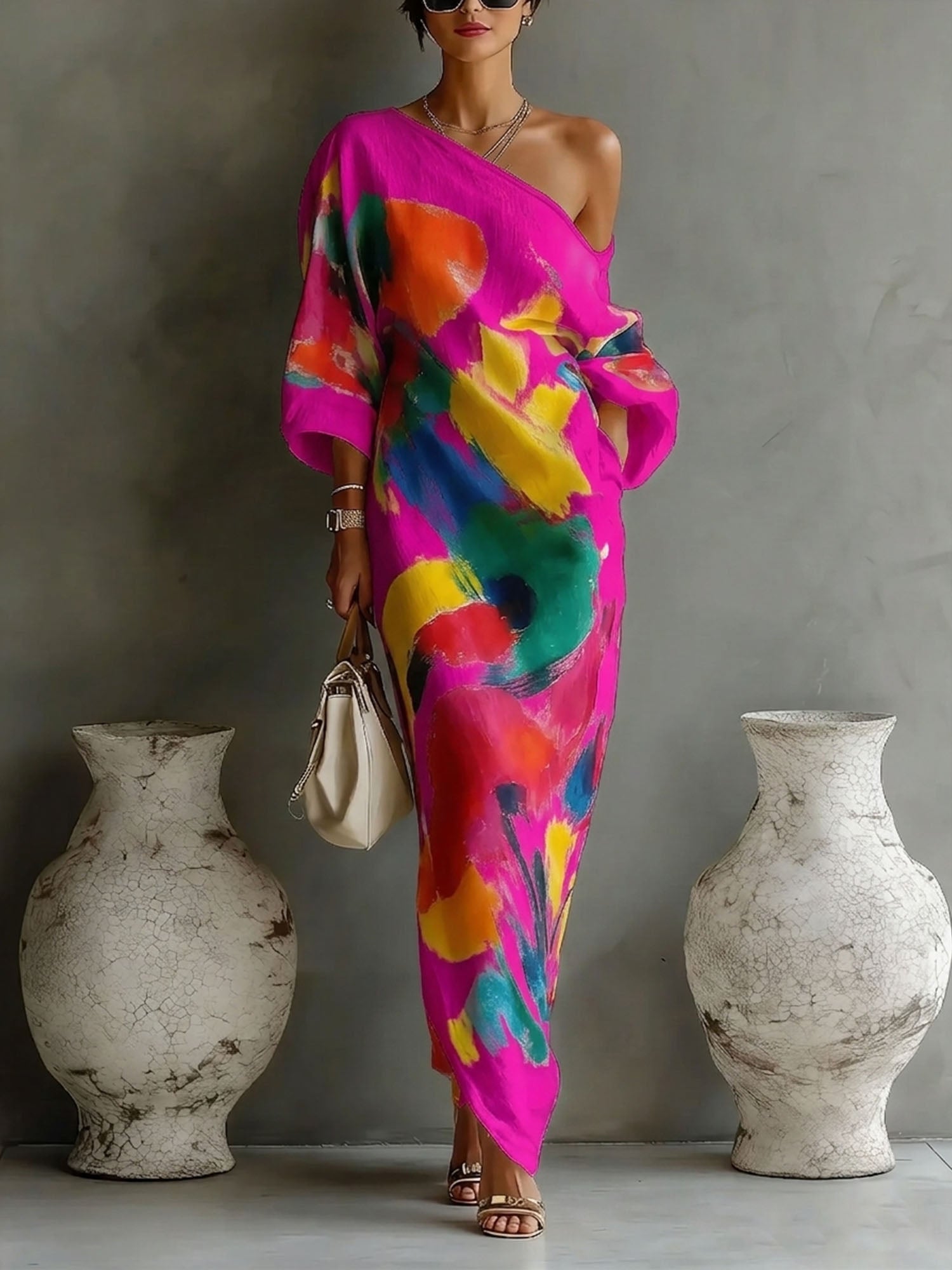 Women's Artistic Print One-shoulder Maxi Dress