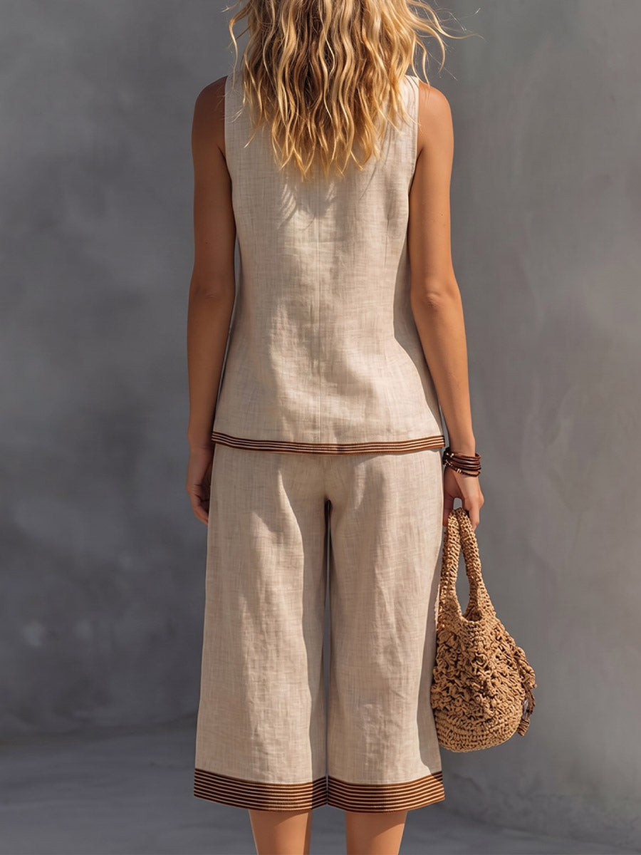 Women's Casual Cotton-linen Set: V-neck Sleeveless Loose-fit Top & Elastic-waist Wide-leg Pants