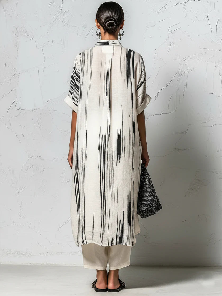 Loose-fit Casual Two-piece Set: Artistic Print Linen & Cotton Long Shirt And Trousers