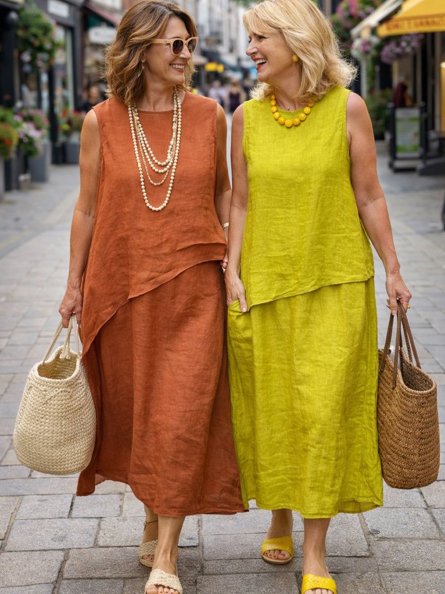 Minimalist & Elegant Faux Two-piece Cotton-linen Midi Dress
