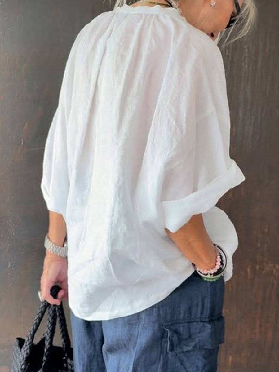 Cozy Minimalist V-neck Cotton-linen Shirt