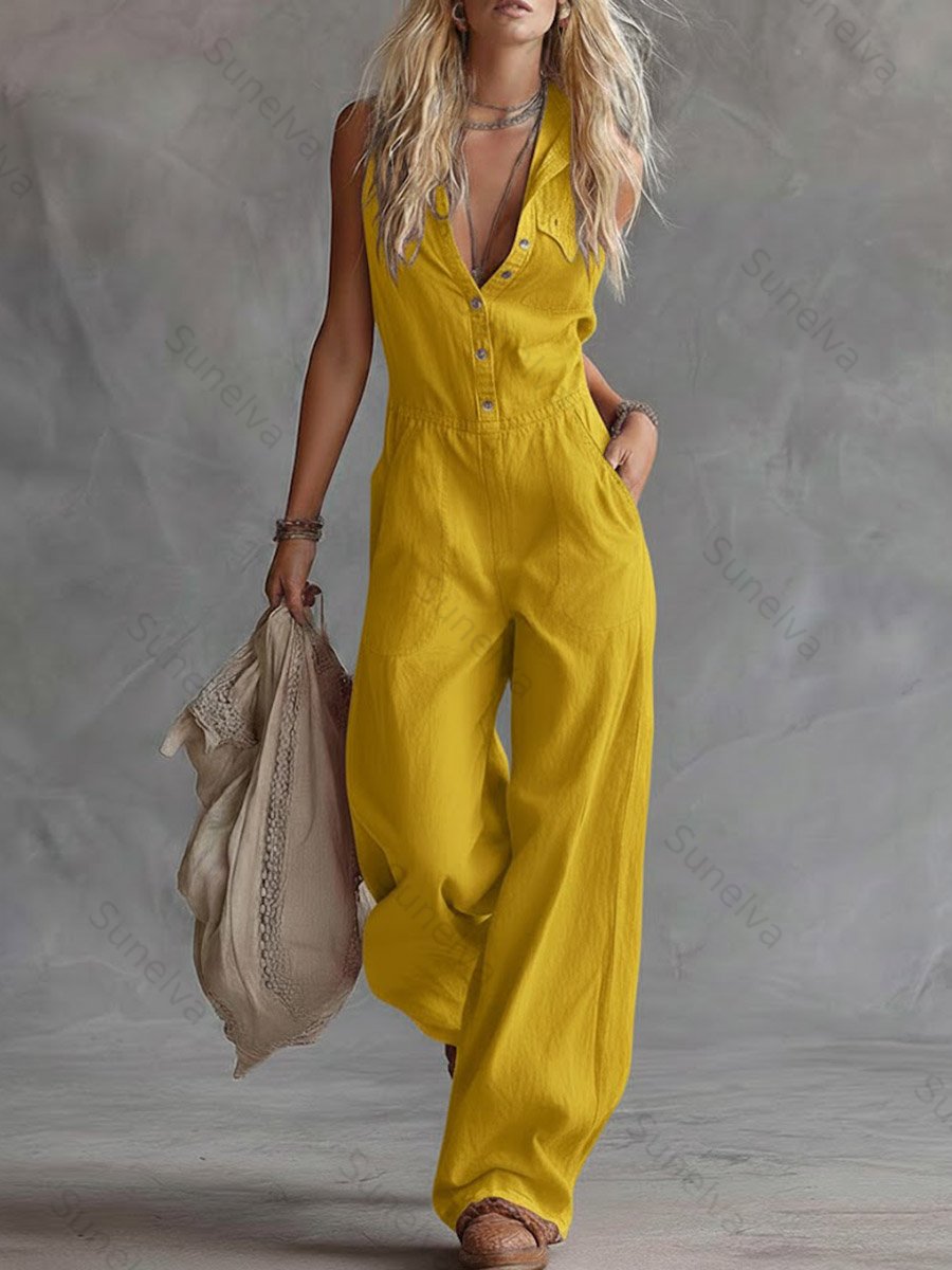 Women's Solid Color Shirt Collar Sleeveless Casual Loose Cotton And Linen Wide-leg Jumpsuit 88df