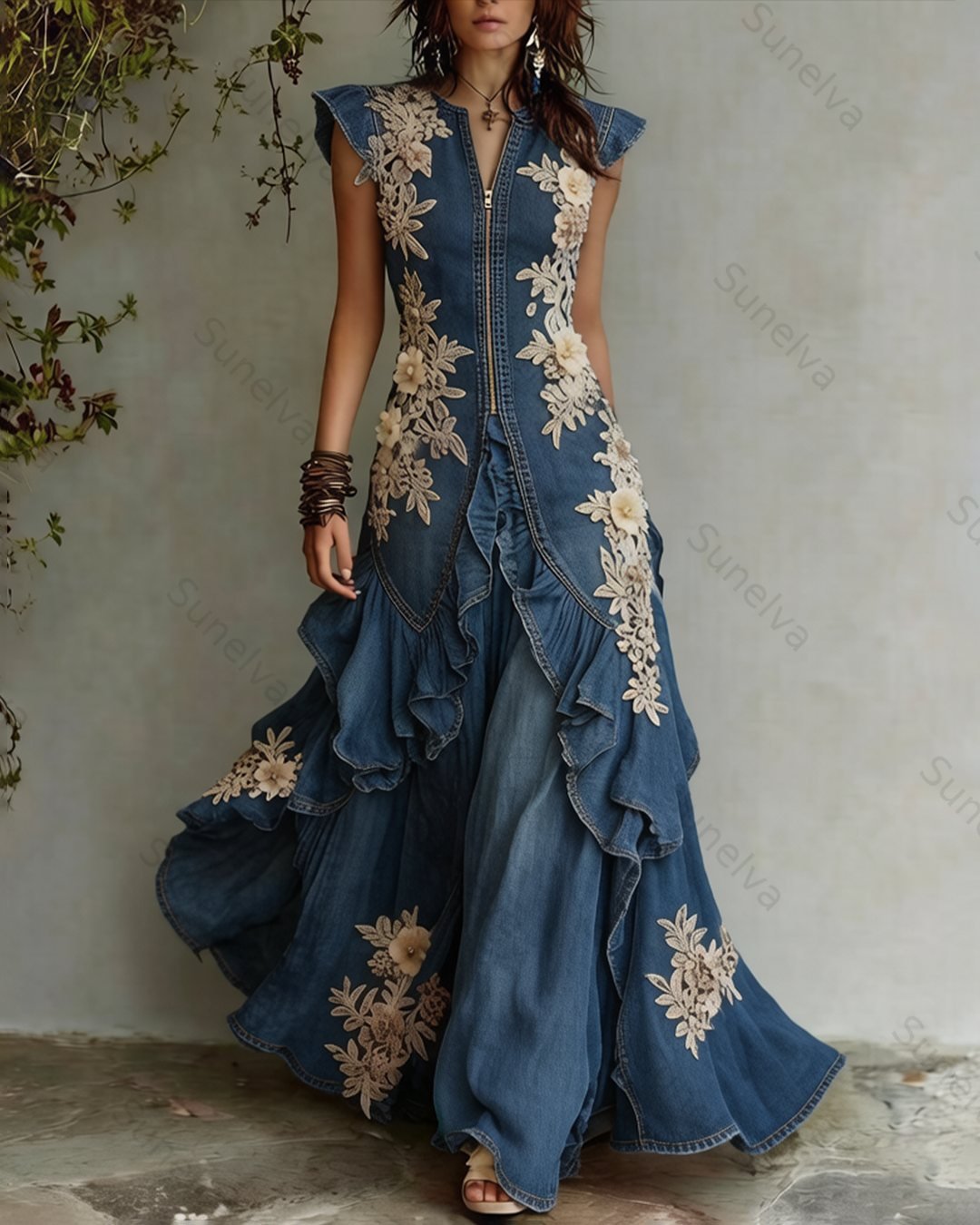 Women's Summer Floral Beaded Embroidered Irregular Ruffle  Patchwork Dress 5726