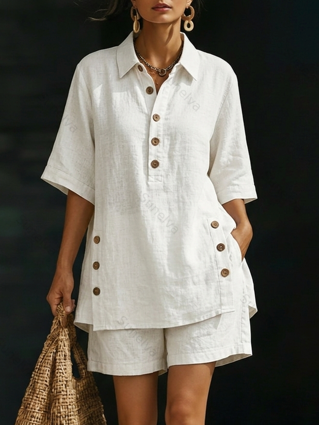 Women’s Linen Shirt & Shorts Two-Piece Set – Casual Cozy Loose-fitting Button-Up Summer Outfit 853d