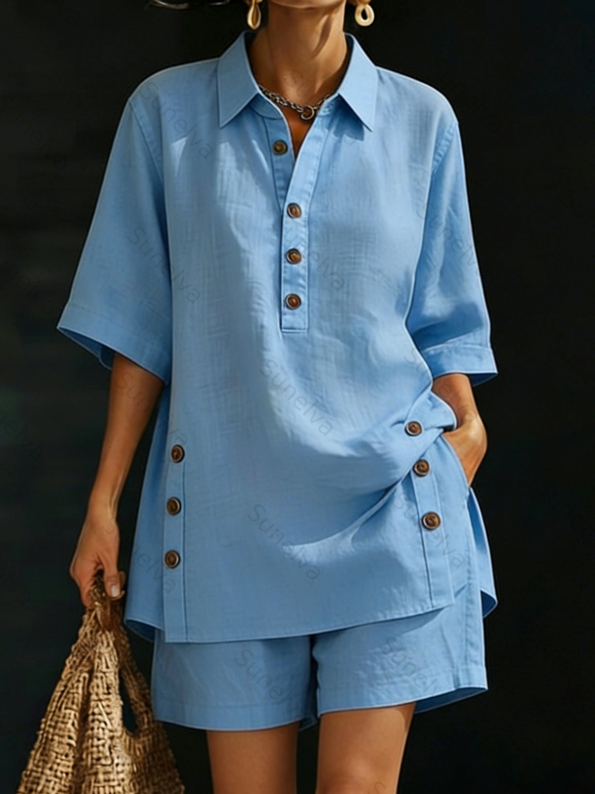 Women’s Linen Shirt & Shorts Two-Piece Set – Casual Cozy Loose-fitting Button-Up Summer Outfit 853d