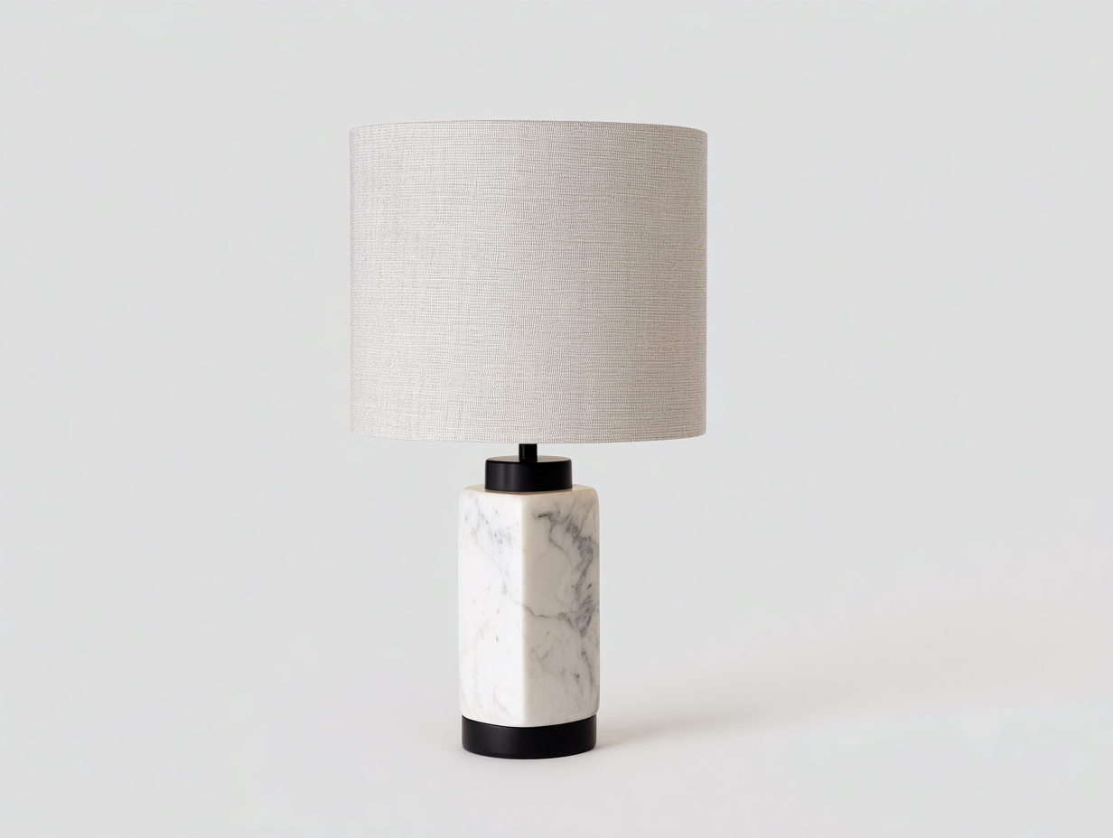 Lampada da tavolo - base marmo bianco e paralume tessuto beige - 30x30x55 cm - luce diffusa - design moderno interno