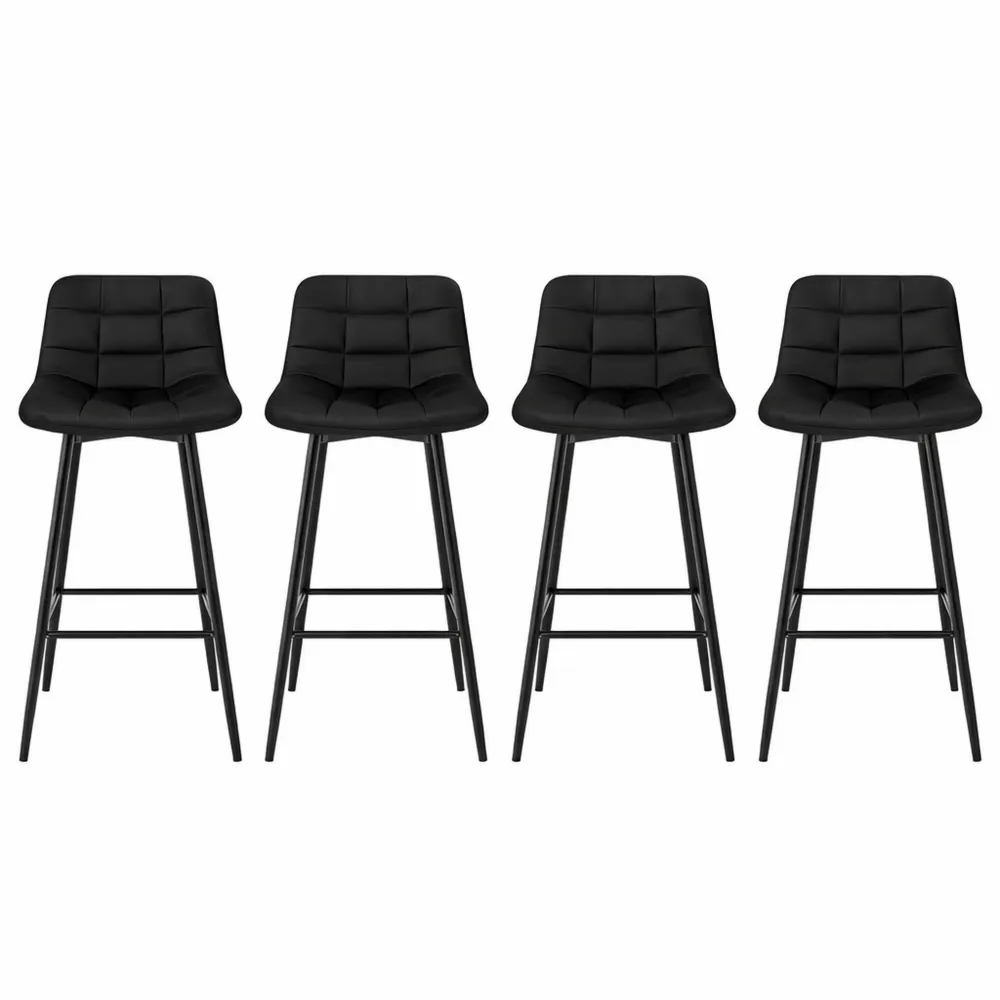 Lot de 4 tabourets de bar en velours avec repose-pieds en métal, noir