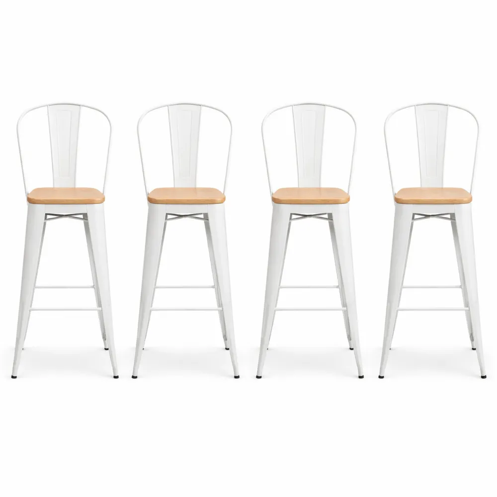 Ensemble de 4 chaises de bar industrielles empilables avec dossier et repose-pied, hauteur 76 cm, métal blanc