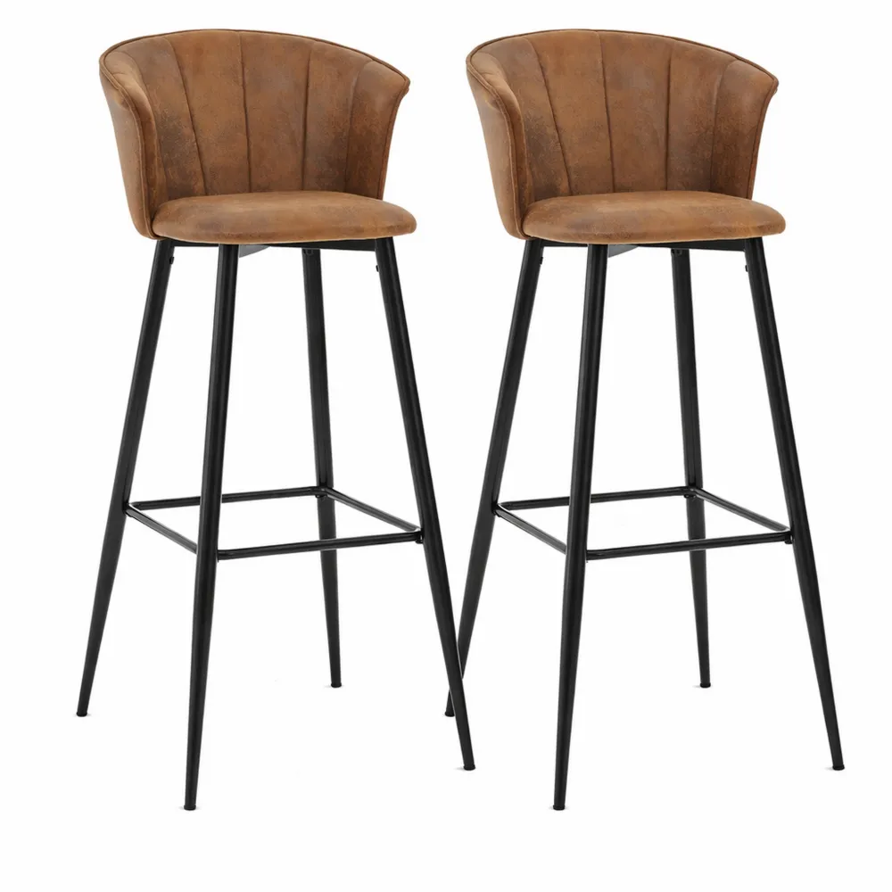 Lot de 2 tabourets de bar vintage avec dossier et repose-pieds, chaises en suède marron, hauteur de 72 cm