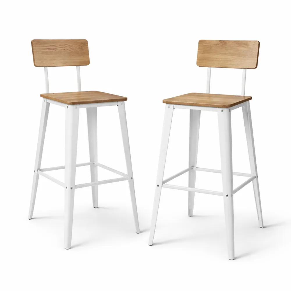 Tabourets de Bar Industriels avec Dossier, Lot de 2, Cadre en Acier, Montage Facile, Style Rustique, Marron et Blanc