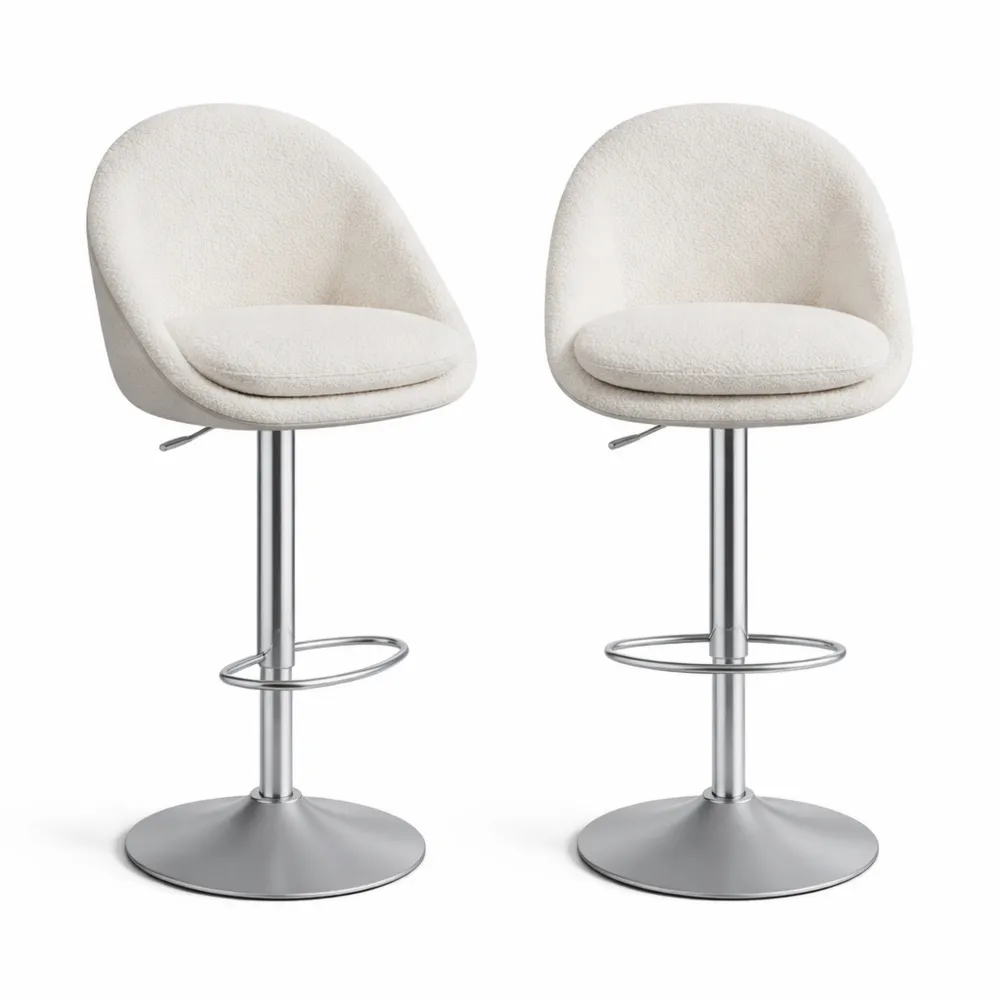 Tabouret de bar réglable avec dossier et repose-pieds, lot de 2, acier pivotant 360°, blanc crème