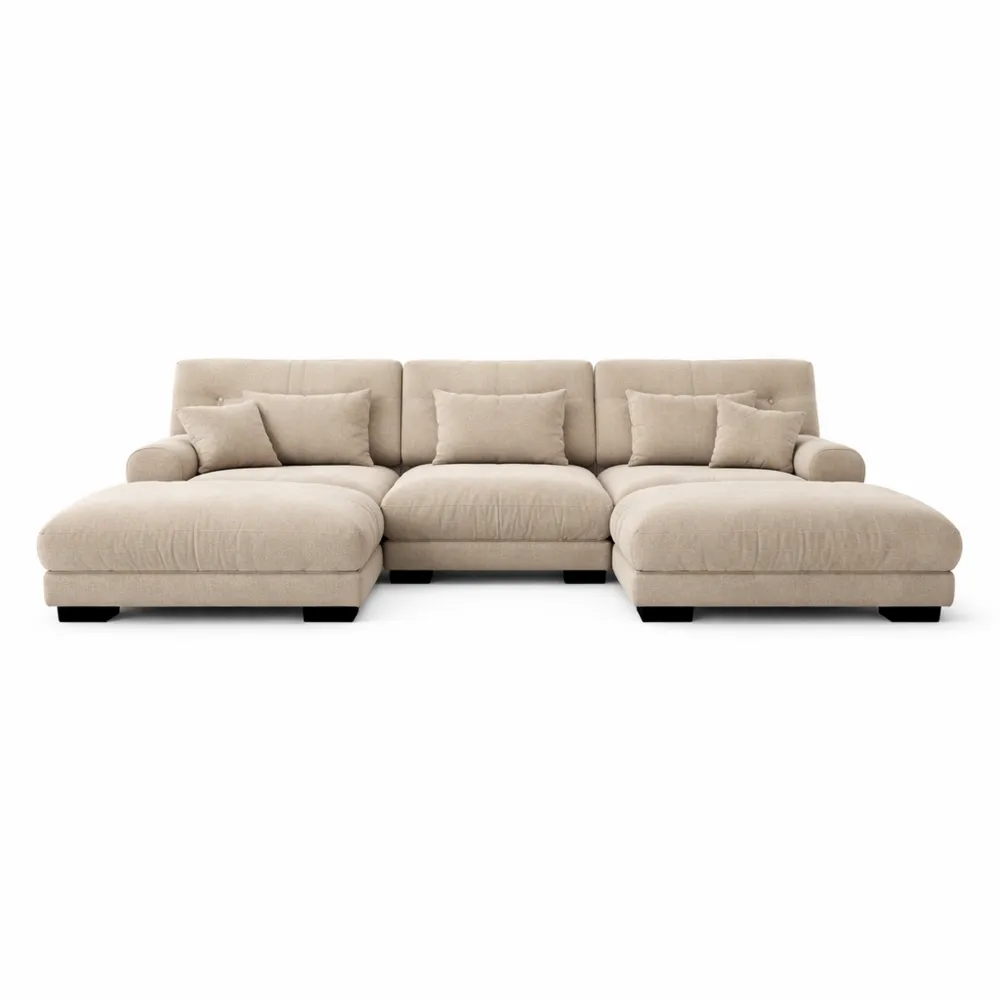 Canapé modulable moderne avec pouf, assise profonde et coussins, idéal pour salon ou appartement