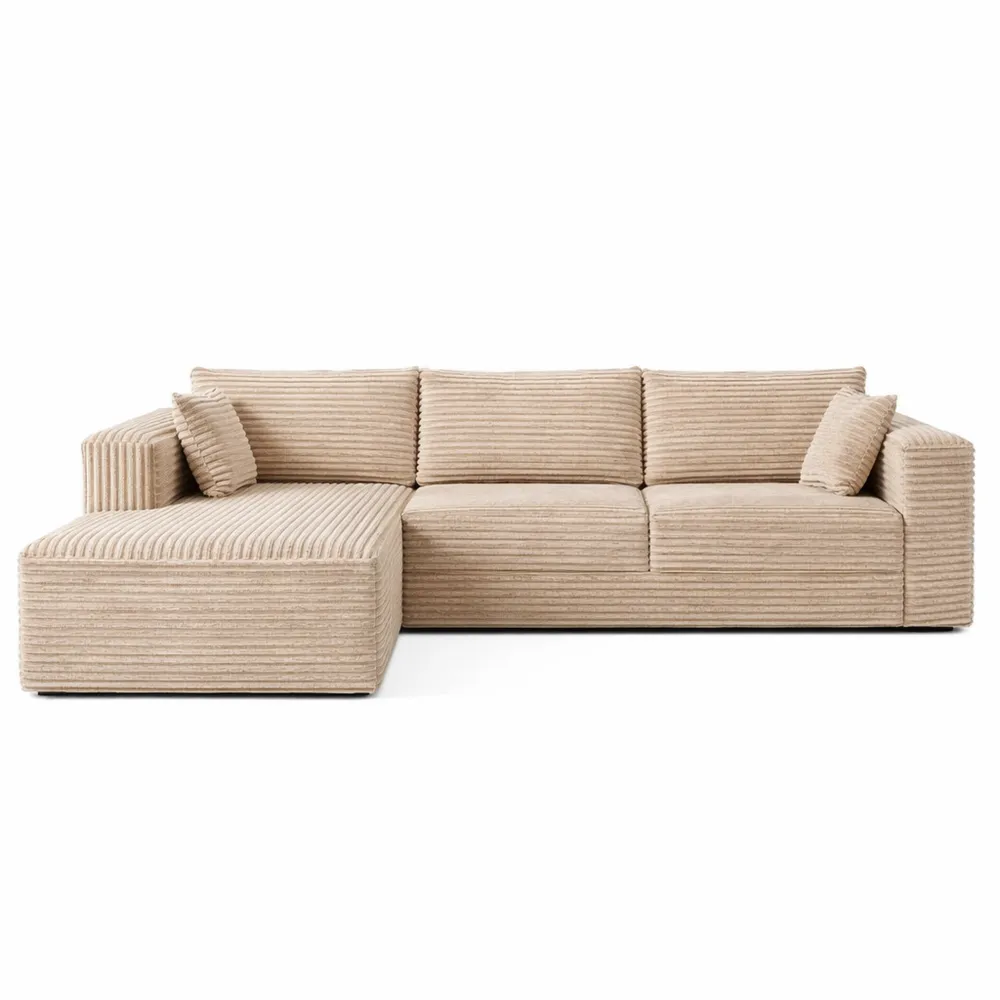Canapé d'angle en L avec Couchage et Méridienne en Velours Beige